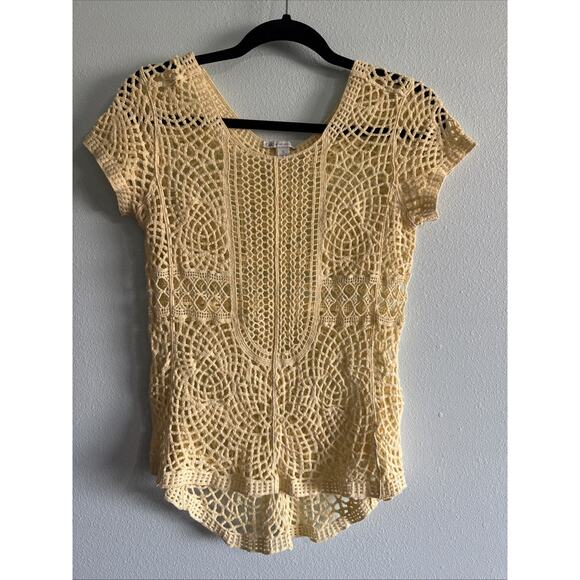 Cato Shirt Womens Small Yellow Crochet Boho Beach Hippie Coachella Cottage - Picture 1 of 4